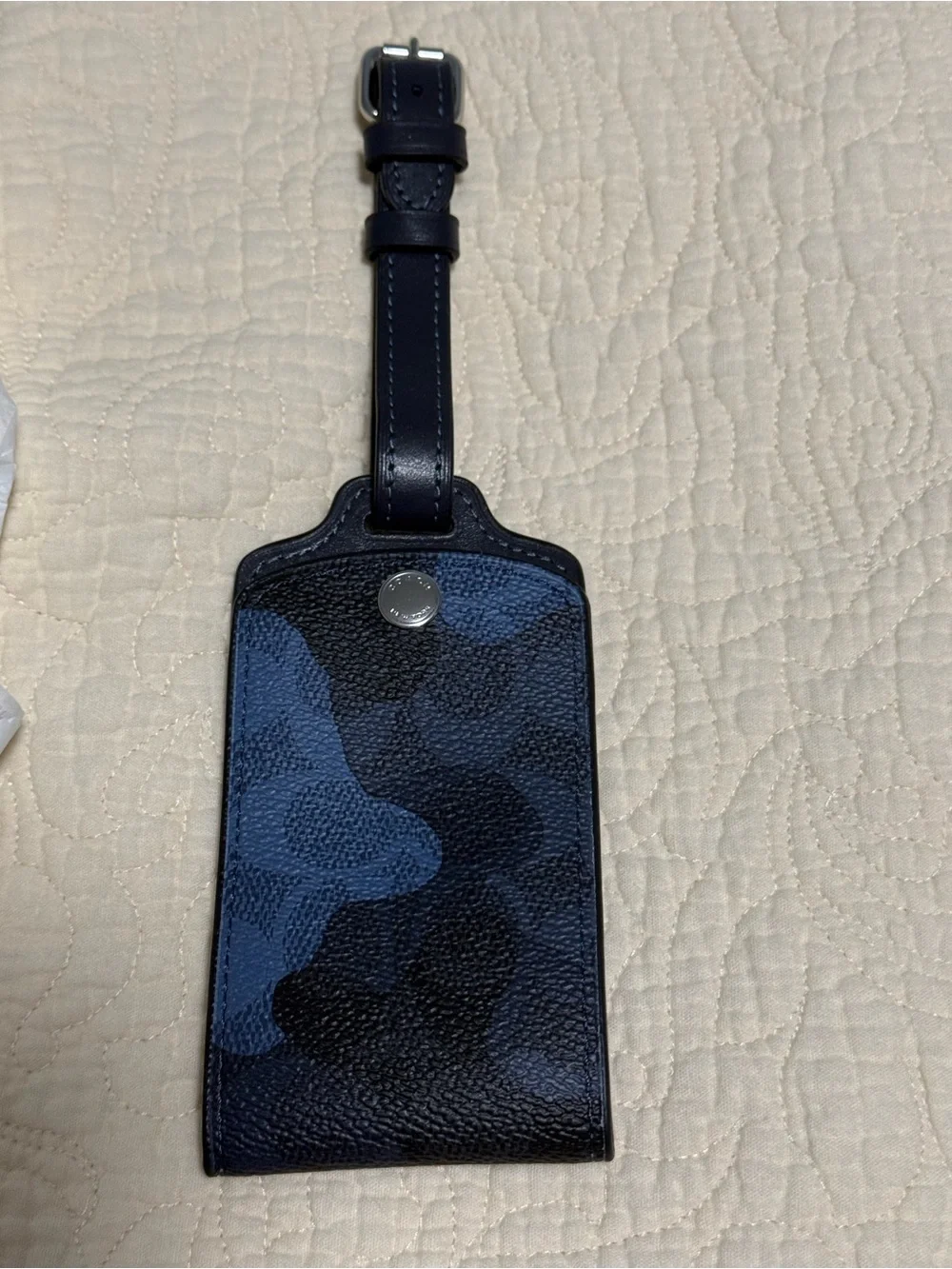 Coach Unisex Black and Blue Camouflage Leather Luggage Tag! NWT